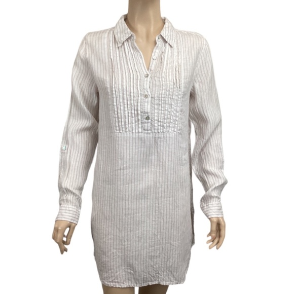Artisan NY 100% Linen tunic top size small Long sleeve pintuck striped tan white - Picture 2 of 9